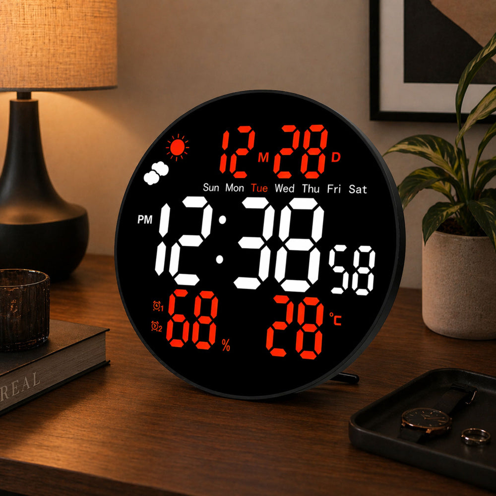 Ceas de perete digital LED cu data, temperatura, umiditate, alarma, telecomanda, 25 cm, Lean 31096