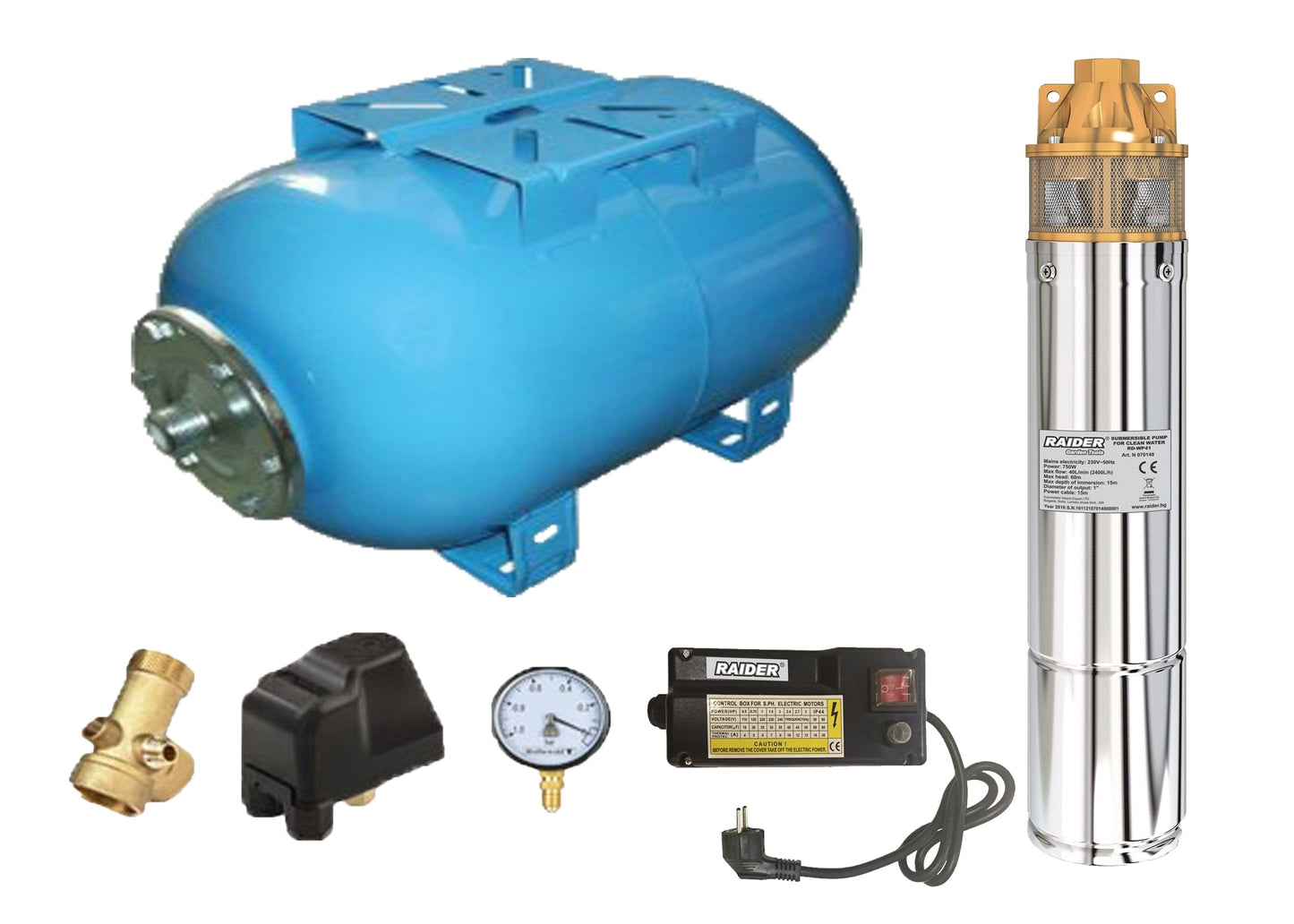 Kit complet sistem hidrofor, pompa submersibila Raider WP41/24, rezervor de 24 litri, presostat, racord 5 cai, manometru, 070148/24