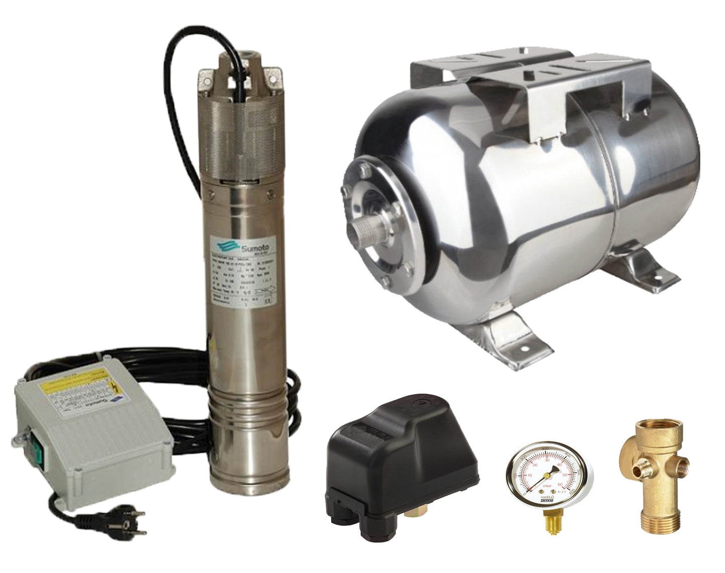 Kit complet sistem hidrofor, pompa submersibila SUMOTO ONKM150/50, rezervor de 50 litri din inox, presostat, racord 5 cai, manometru, SM0071/50I