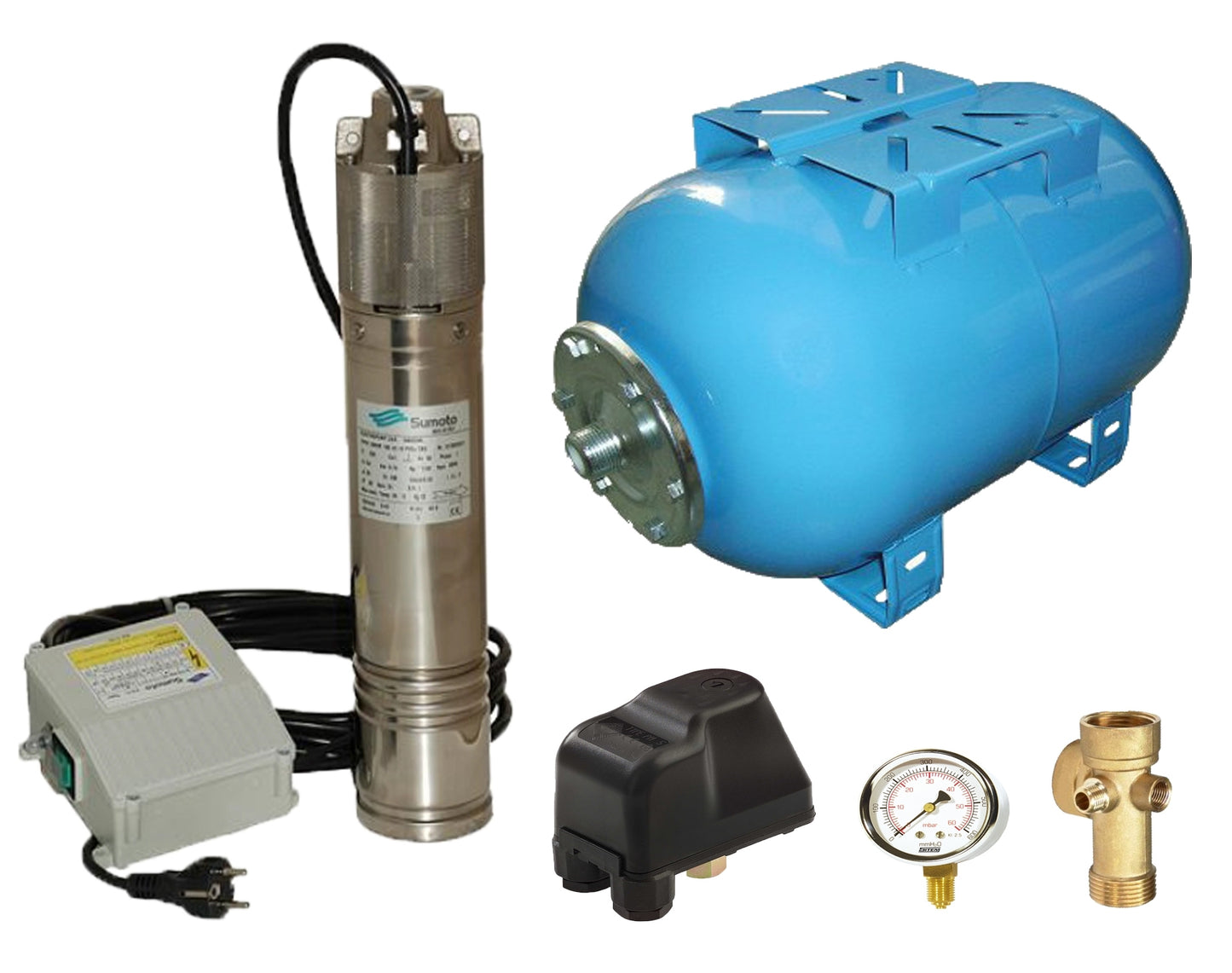Kit complet sistem hidrofor, pompa submersibila SUMOTO ONKM150/50, rezervor de 50 litri, presostat, racord 5 cai, manometru, SM0071/50