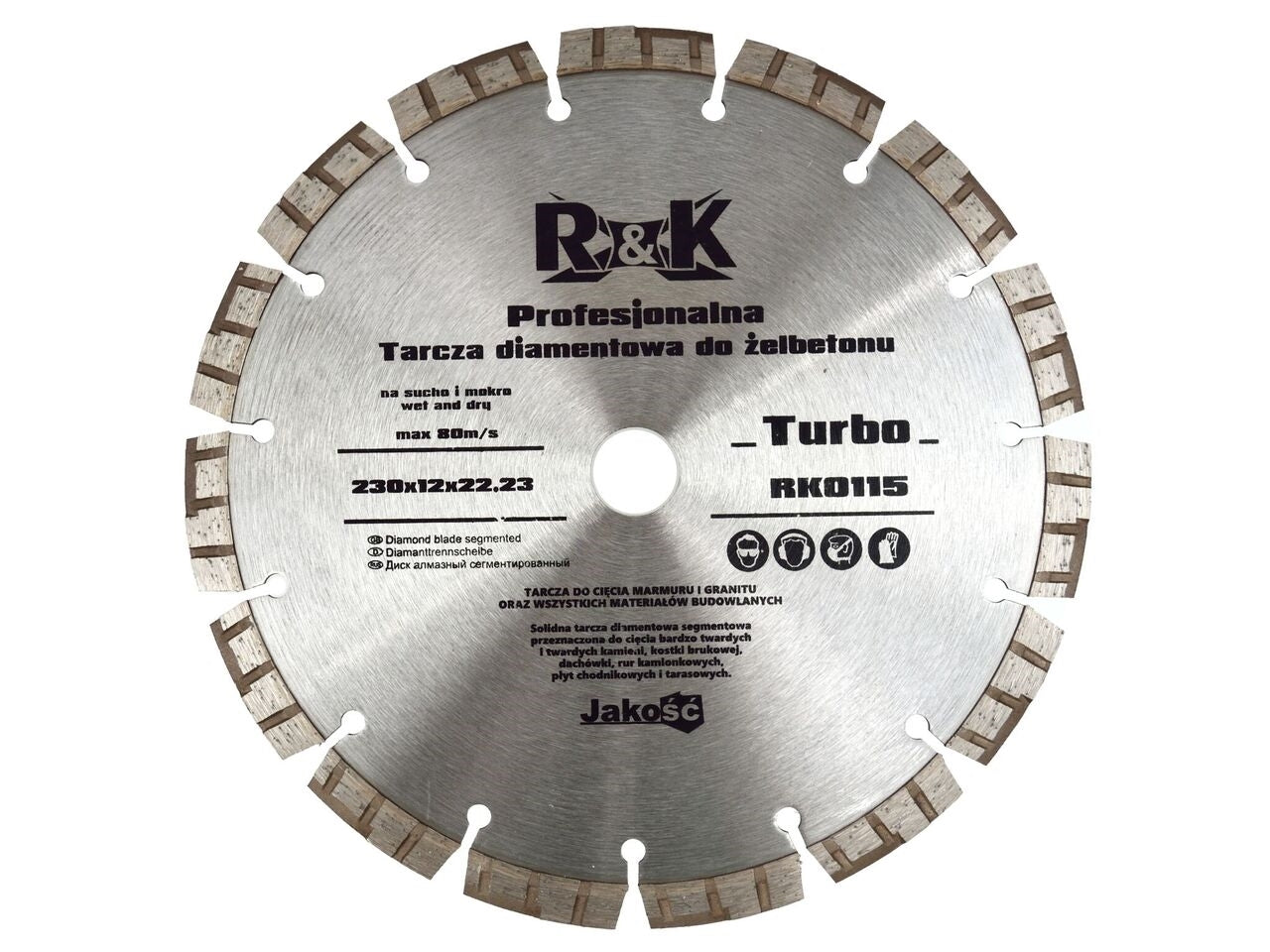 Disc diamantat, 230x12x22.23mm, argintiu, pentru beton, granit, marmura, Armatura Turbo R&K, RK0115