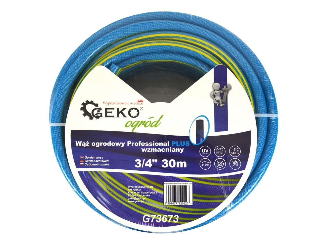 Kit irigare pentru gradina, furtun 3/4 "30m, 4 stratuuri, GEKO PROFESSIONAL + accesorii 4 piese, 3/4", Geko Blue Line, G73673+G73048