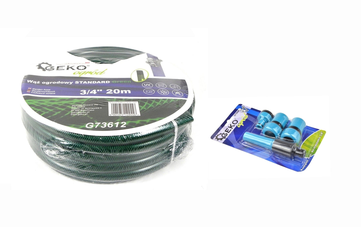 Kit irigare pentru gradina, furtun 3/4 "20m , 3 straturi, GEKO STANDARD, + accesorii, 4 piese, 3/4", Geko Blue Line