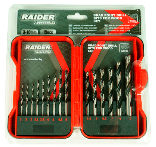 Set burghie pentru lemn Ø3-10mm 15 piese, Raider 157791