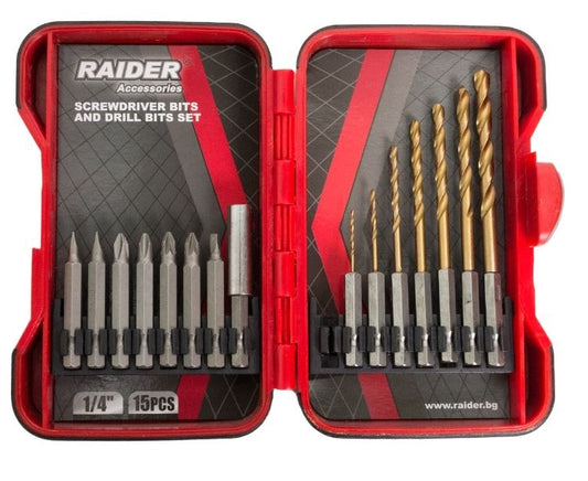 Set biti si burghie pentru surubelnita 15 piese, Raider 157795