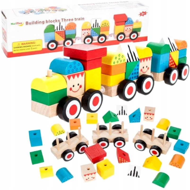 Tren din lemn cu zambete colorate, Malplay 105882