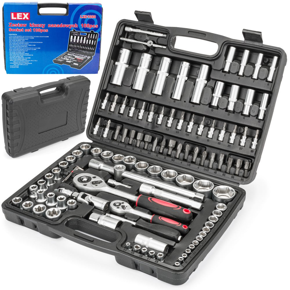 Set chei cu clichet, tubulare si biti 108 piese CRV LEX, Powermat LXC1080