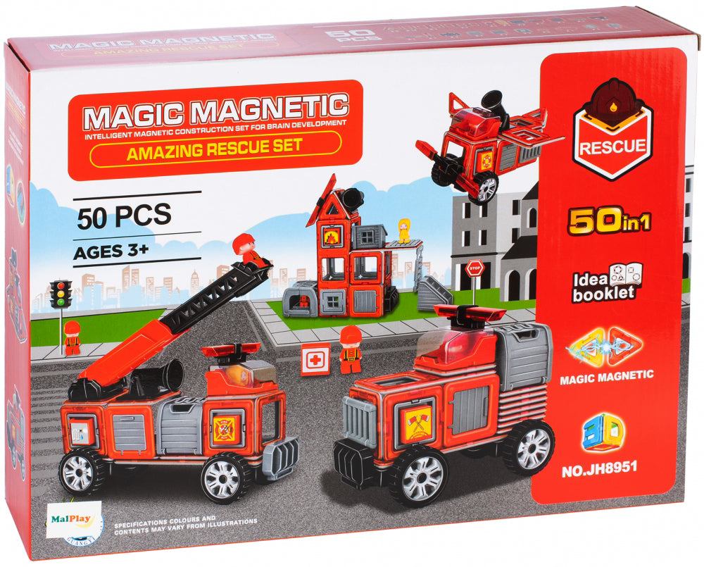 Set blocuri magnetice Pompieri 50 bucati, Malplay 107874