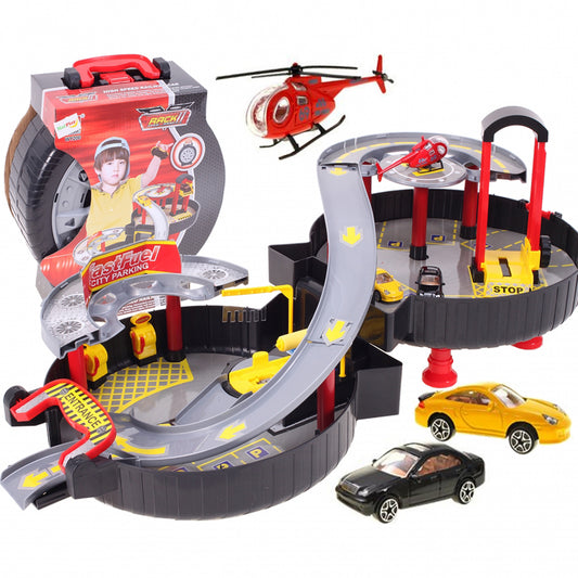 Set pista cu masini si elicopter + accesorii, Malplay 101852