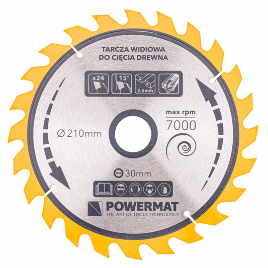 Disc de fierăstrău circular pentru lemn TDD-210x30mm 24 dinti, Powermat PM0888