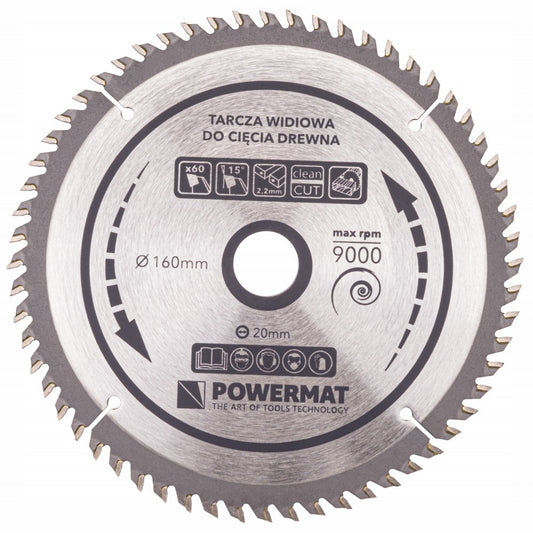 Disc Widia pentru lemn 160x20mm cu 60 dinti TDD, Powermat