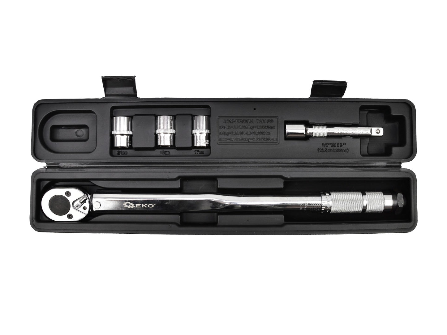 Set cheie dinamometrica 1/2" 28-210Nm cu prize si extensie, Geko G10064