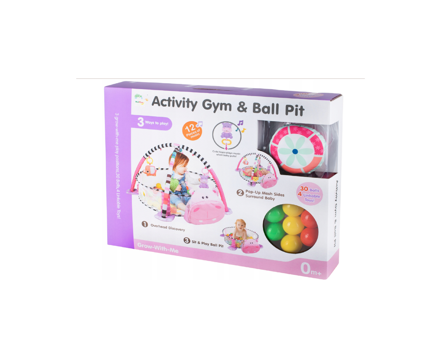 Set centru de activitati Hippo, roz, 30 bile colorate, MalPlay 108427