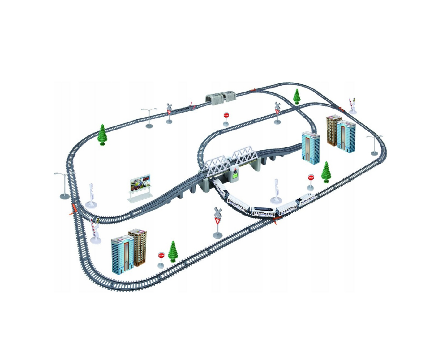 Set cale ferata electrica cu accesorii, trenulet, cladiri, semne de circulatie, braduti, MalPlay 108038