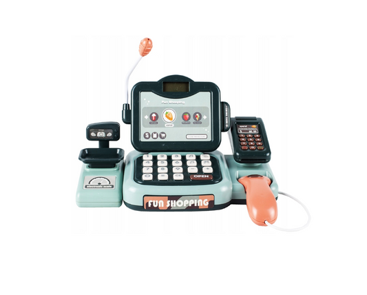 Set casa de marcat cu afisaj LCD, bani, card, alimente, 24 elemente, MalPlay 108459