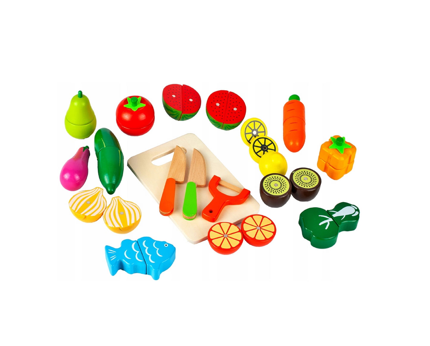 Set legume si fructe din lemn cu magnet, tocator, 17 elemente, MalPlay 108501