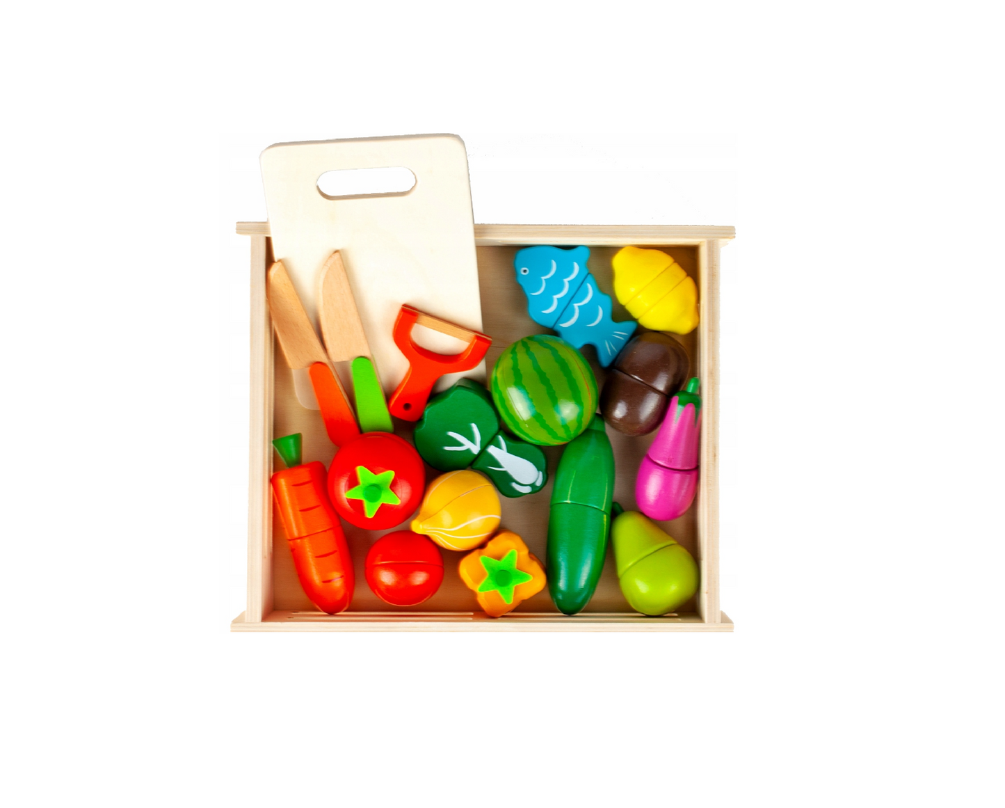 Set legume si fructe din lemn cu magnet, tocator, 17 elemente, MalPlay 108501