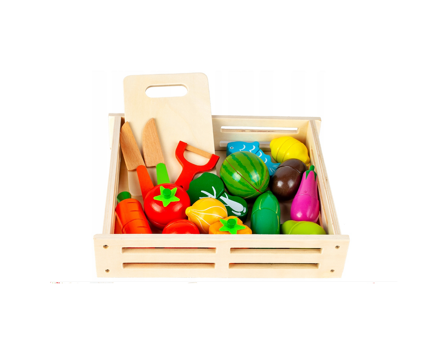 Set legume si fructe din lemn cu magnet, tocator, 17 elemente, MalPlay 108501