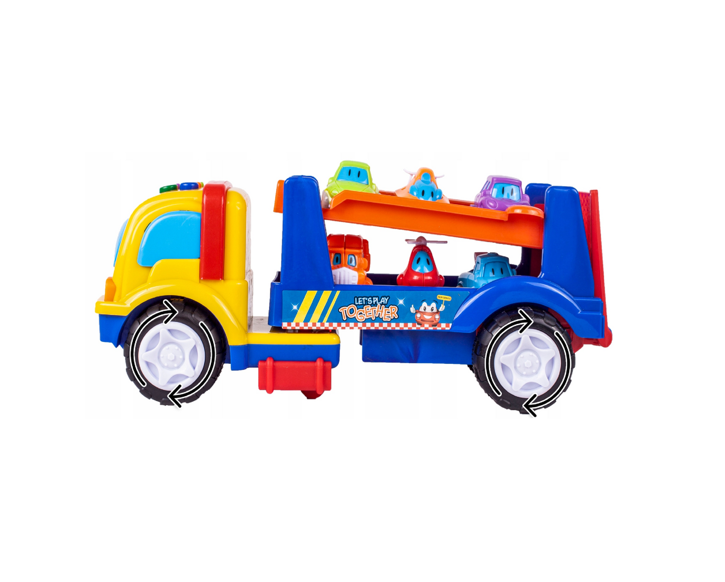 Set autocamion interactiv cu sunete, masinute, elicopter, 8 elemente, 32 x 40 cm,  MalPlay 107910