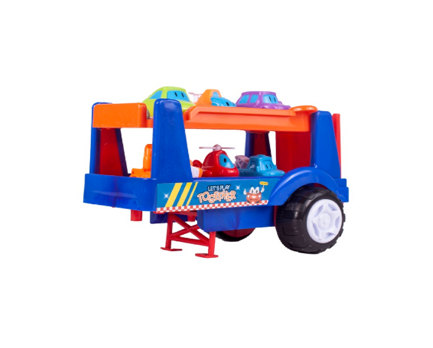 Set autocamion interactiv cu sunete, masinute, elicopter, 8 elemente, 32 x 40 cm,  MalPlay 107910