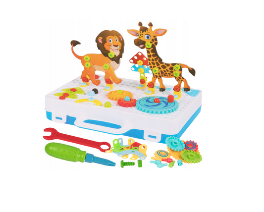 Set creativ constructie cu animale, surubelnita, suruburi, 209 elemente, MalPlay 108536