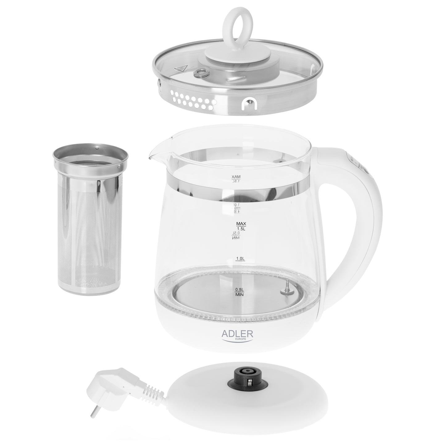 Fierbator din sticla cu infuzor pentru ceai, 1.5 l, Adler AD1299