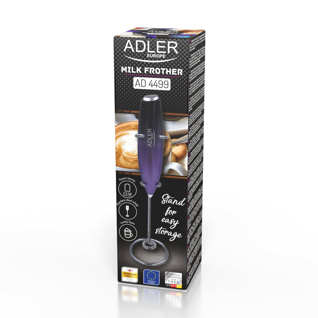 Aparat de spumare a laptelui cu suport, agitator din otel, violet / negru, Adler AD4499