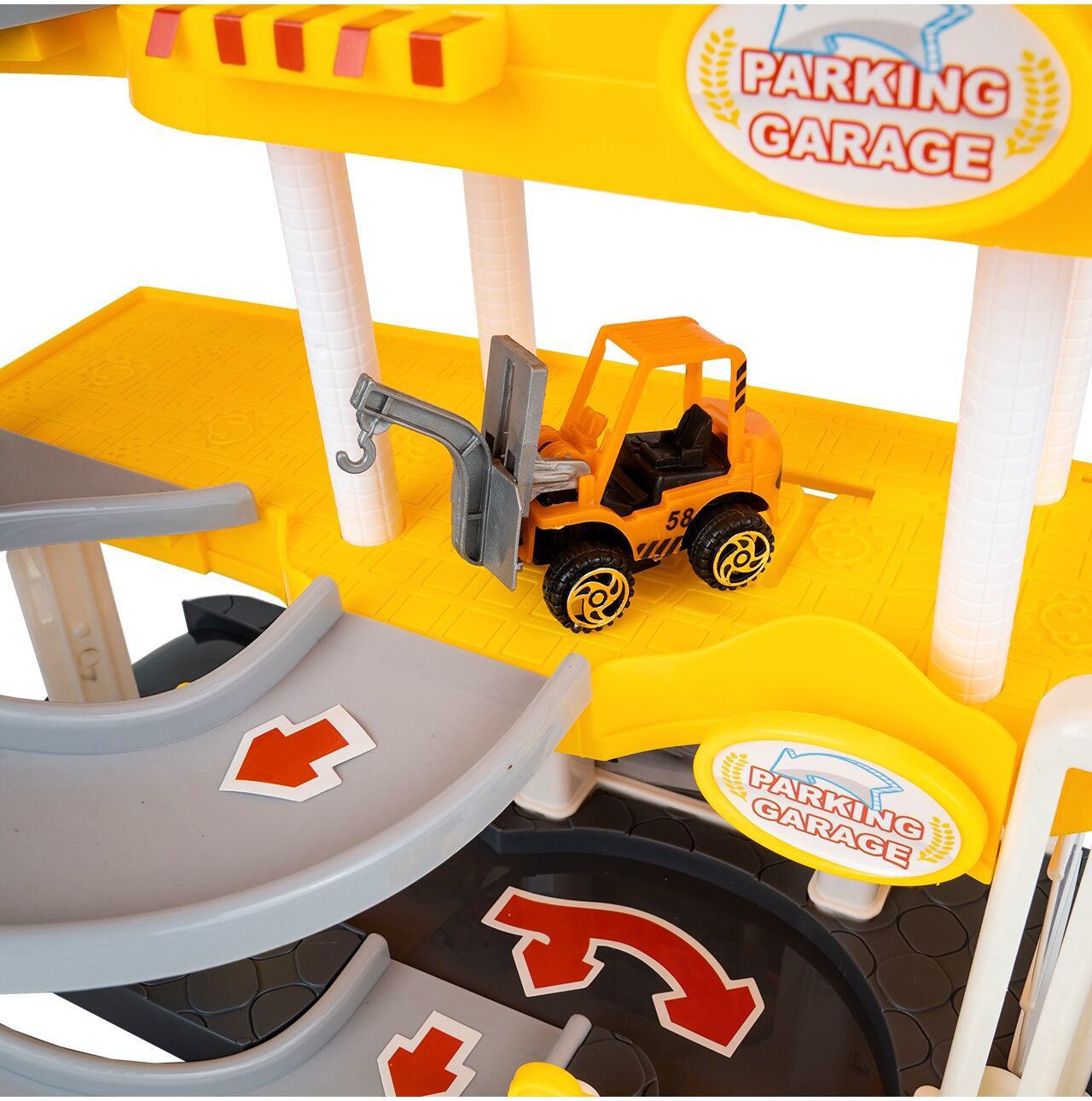 Set parcare multietajata cu 3 vehicule de constructie, MalPlay 110112