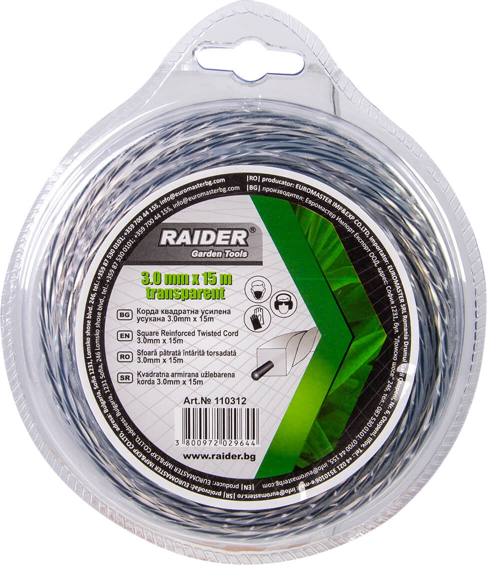 Fir patrat rasucit pentru motocoase, 3 mm x 15 m, transparent, Riader Garden Tools 110312