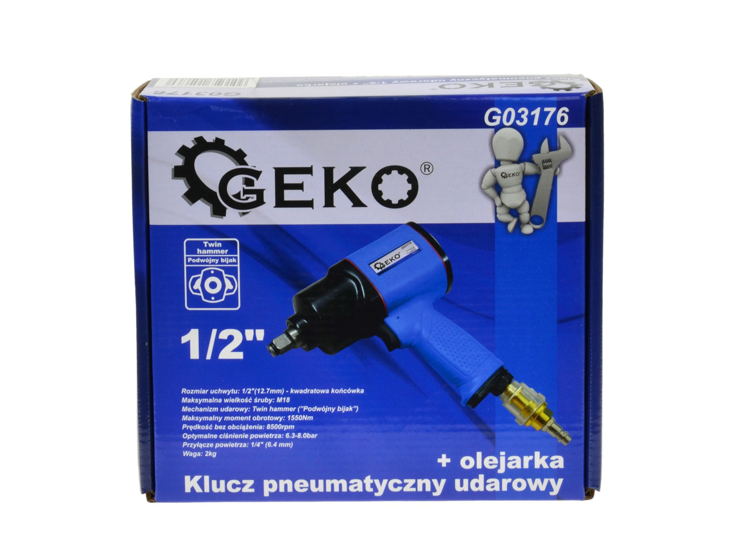 Cheie de impact 1/2 " + filtru, 1550 Nm, 8.500 rpm, 6,3 bar, 480 l/min, Geko, G03176