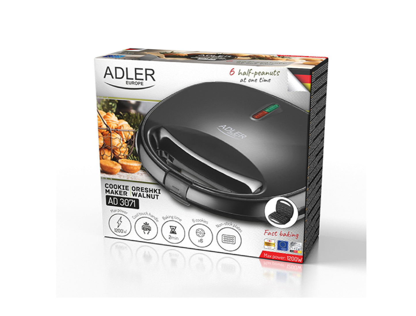 Aparat pentru copt forme coji de nuci, 12 forme, 1200 W, negru, indicator luminos, placi neaderente, Adler AD3071