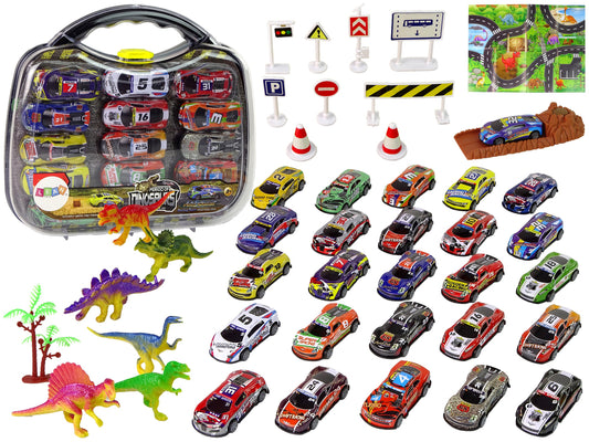 Set masini sport cu dinozauri, metal/plastic, multicolor, 43 piese, Lean 12244