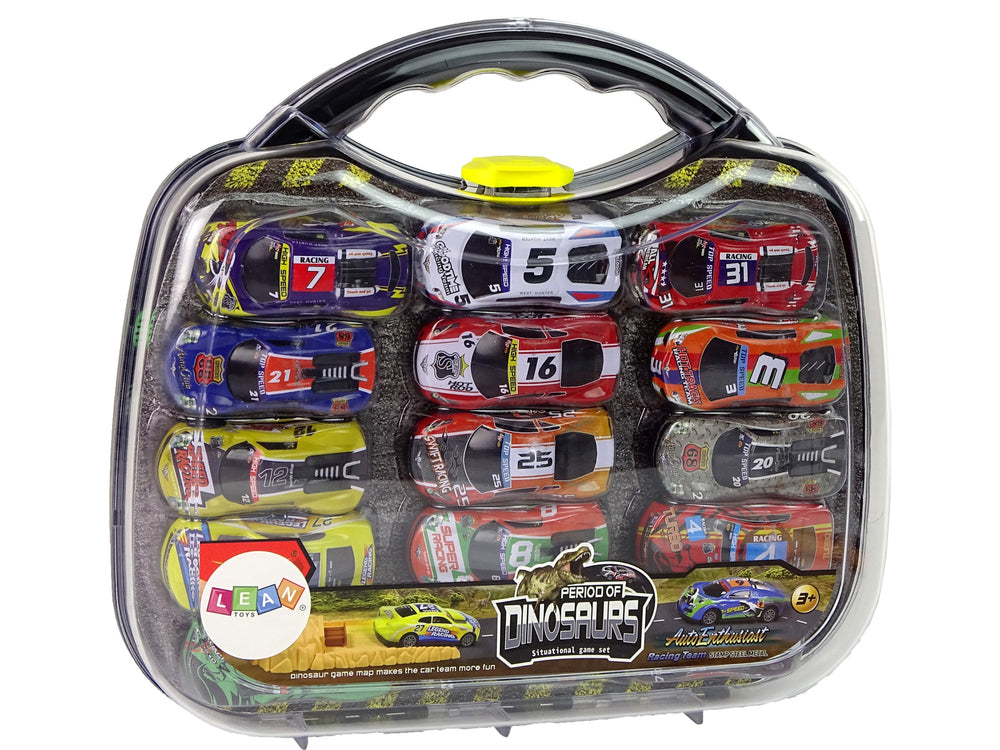 Set masini sport cu dinozauri, metal/plastic, multicolor, 43 piese, Lean 12244