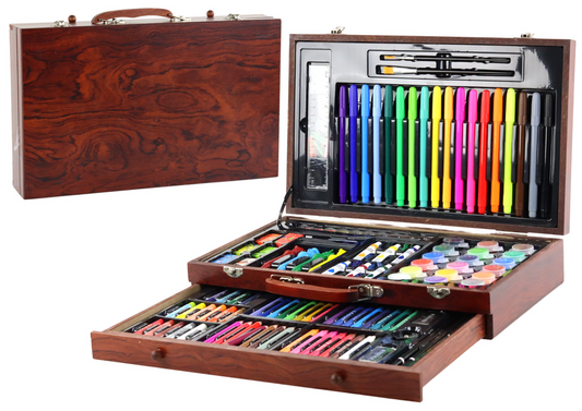 Set complet pentru pictura si desen, 123 piese, echipat cu valiza de lemn, Lean 17369