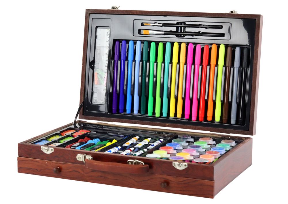 Set complet pentru pictura si desen, 123 piese, echipat cu valiza de lemn, Lean 17369