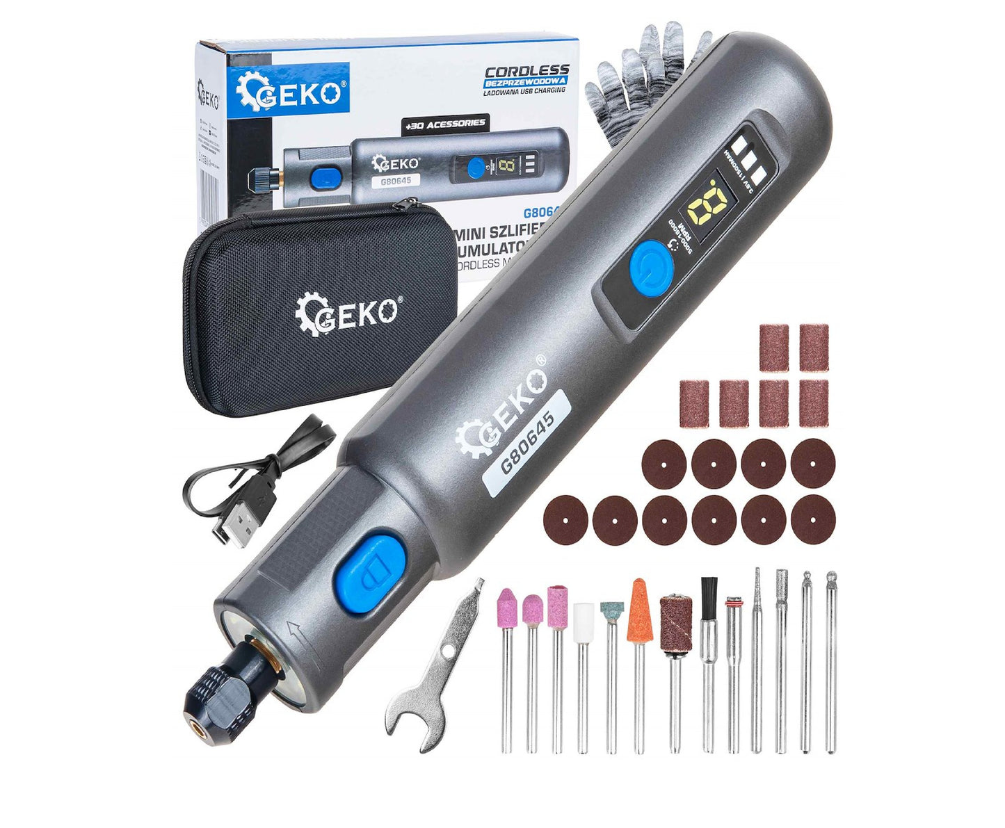 Mini polizor drept cu acumulator si accesorii, functie de control al vitezei, 3.6 V, Geko G80645