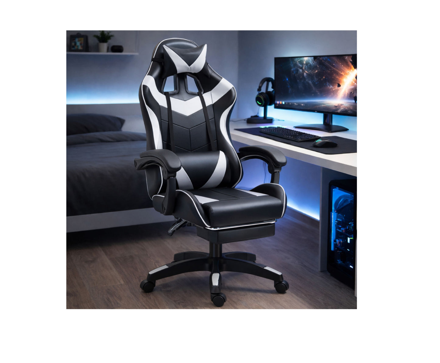 Scaun pentru gaming rotativ cu suport pentru picioare, negru / alb, Lean 30553
