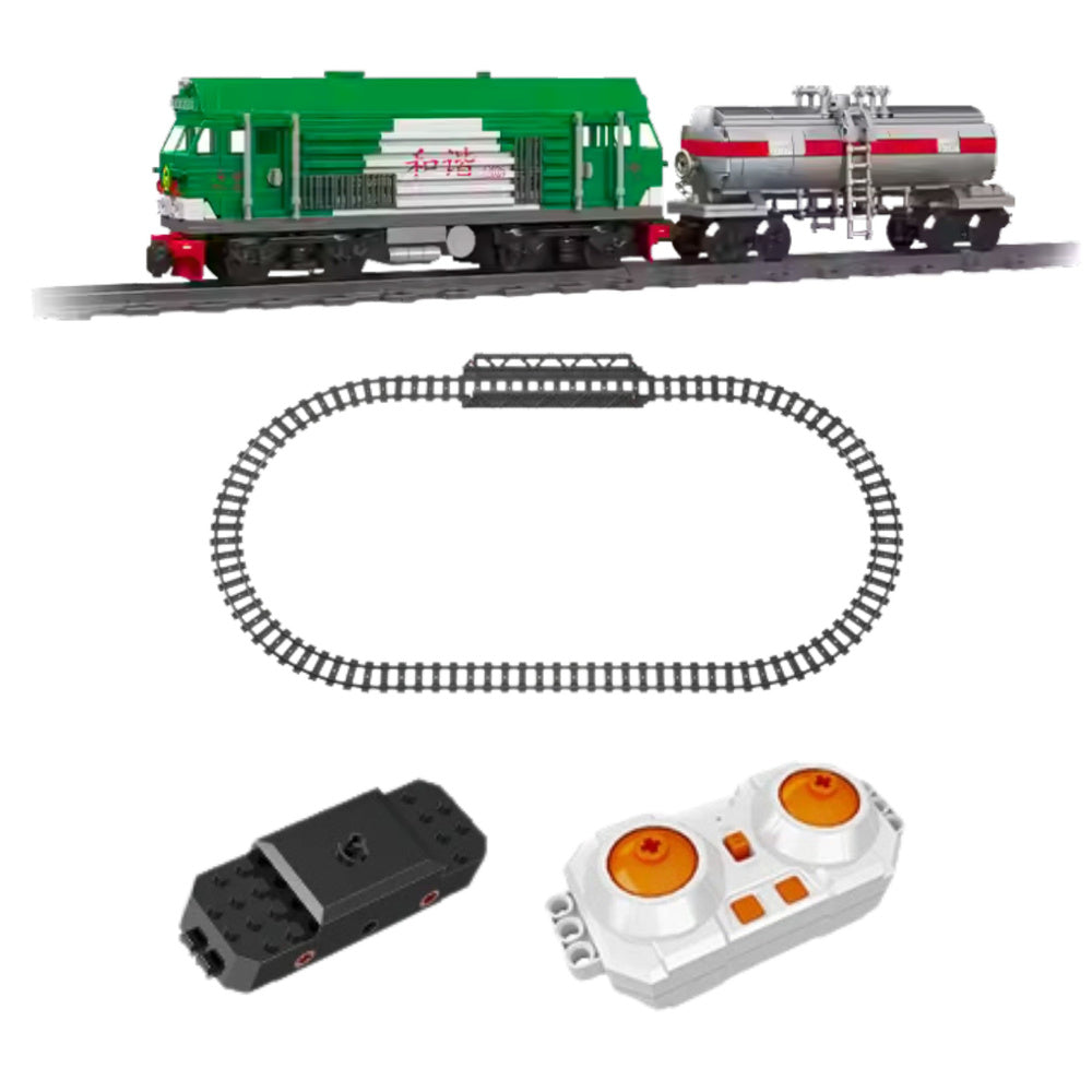 Set blocuri de constructie tren cu cisterna, telecomanda, verde, 51,3x10,1x7,2cm, 1090 piese, Lean 23652