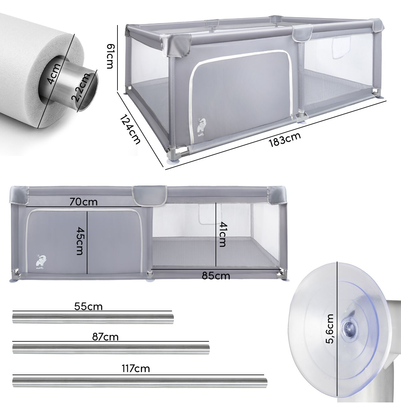 Tarc de joaca pliabil pentru copii, 120 x 180 cm, gri, MalPlay 113161