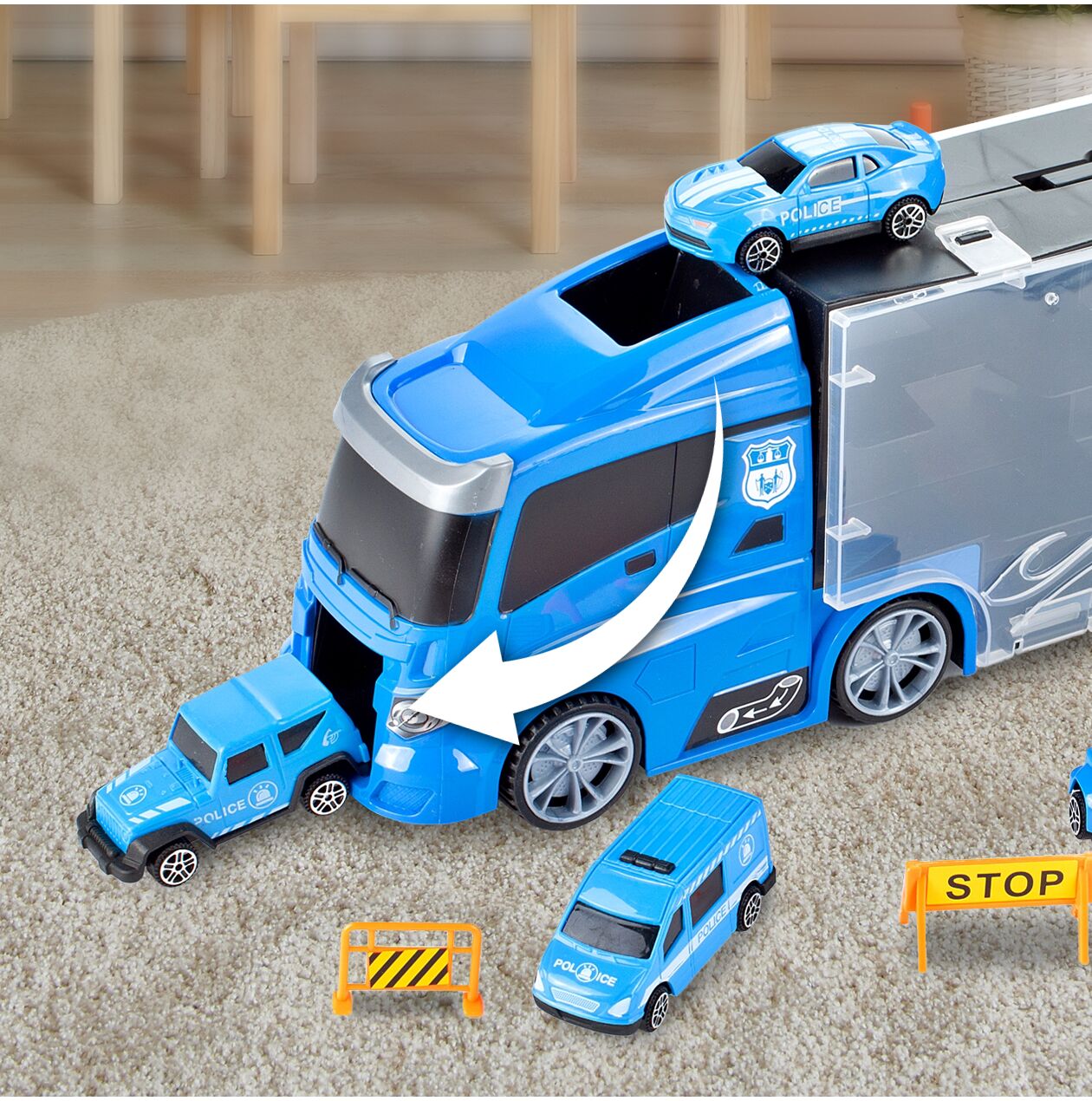 Set camion cu vehicule de politie, 41 x 10 x 15 cm, MalPlay 108438