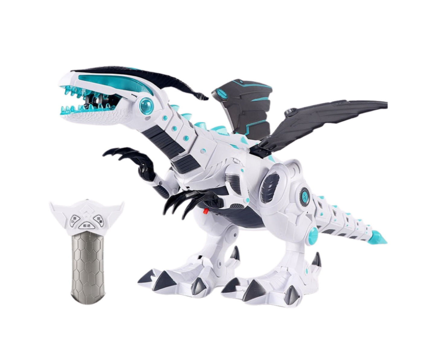 Dinozaur robot cu telecomanda RC, efecte sonore si luminoase, alb, Lean 23279