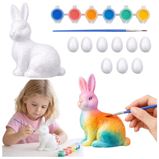 Set pictura, 9 oua polistiren, figurina iepure, 6 culori, 3.5 x 2.5 cm, 10 x 7.5 cm, Lean 21364