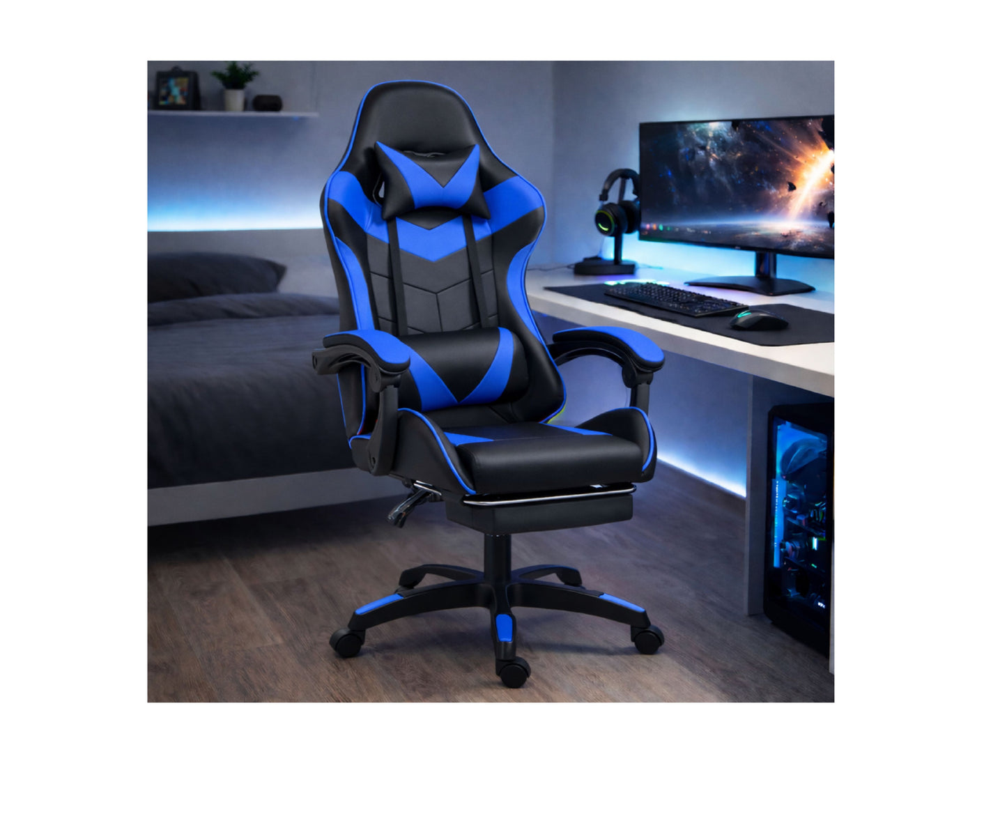 Scaun pentru gaming rotativ cu suport pentru picioare, negru / albastru, Lean 30555