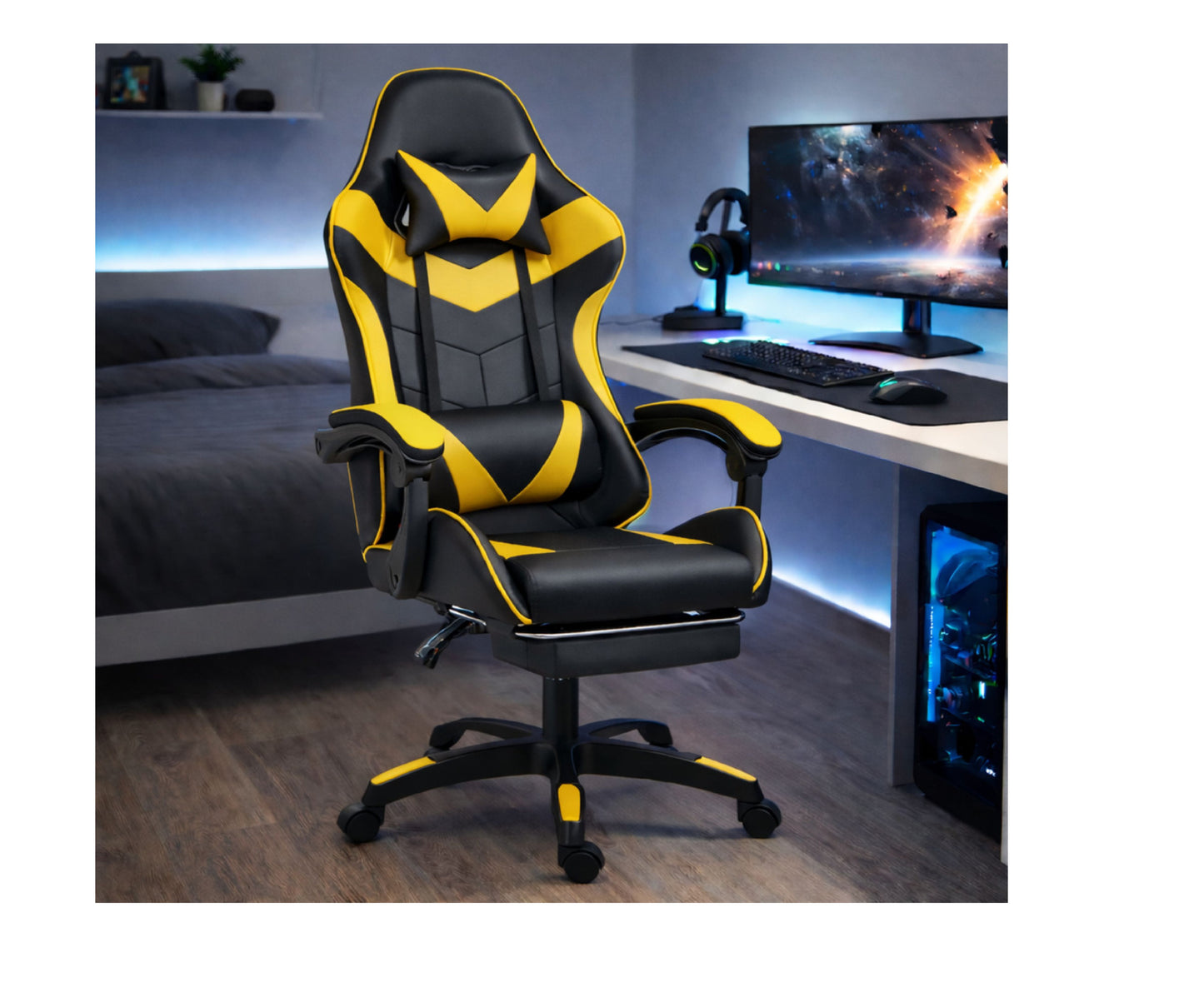 Scaun pentru gaming rotativ cu suport pentru picioare, negru / galben, Lean 30557