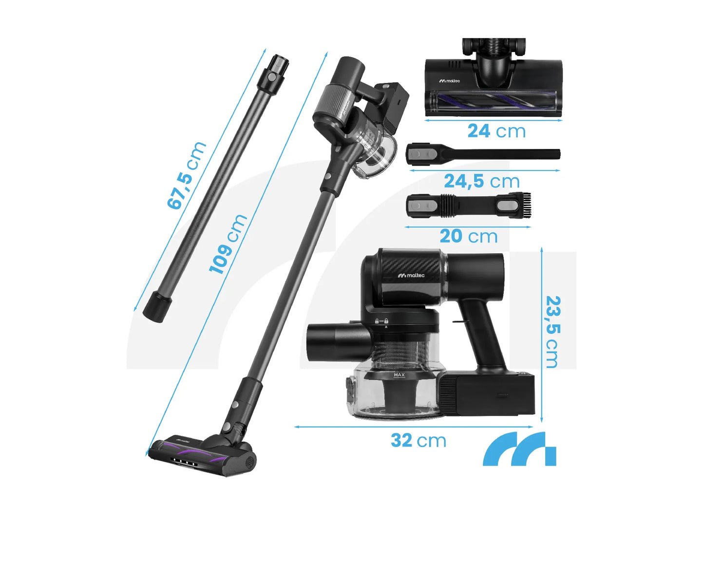 Aspirator vertical fara sac cu accesorii 3 in 1, perie electrica cu LED, 250 W, MalTec 113544