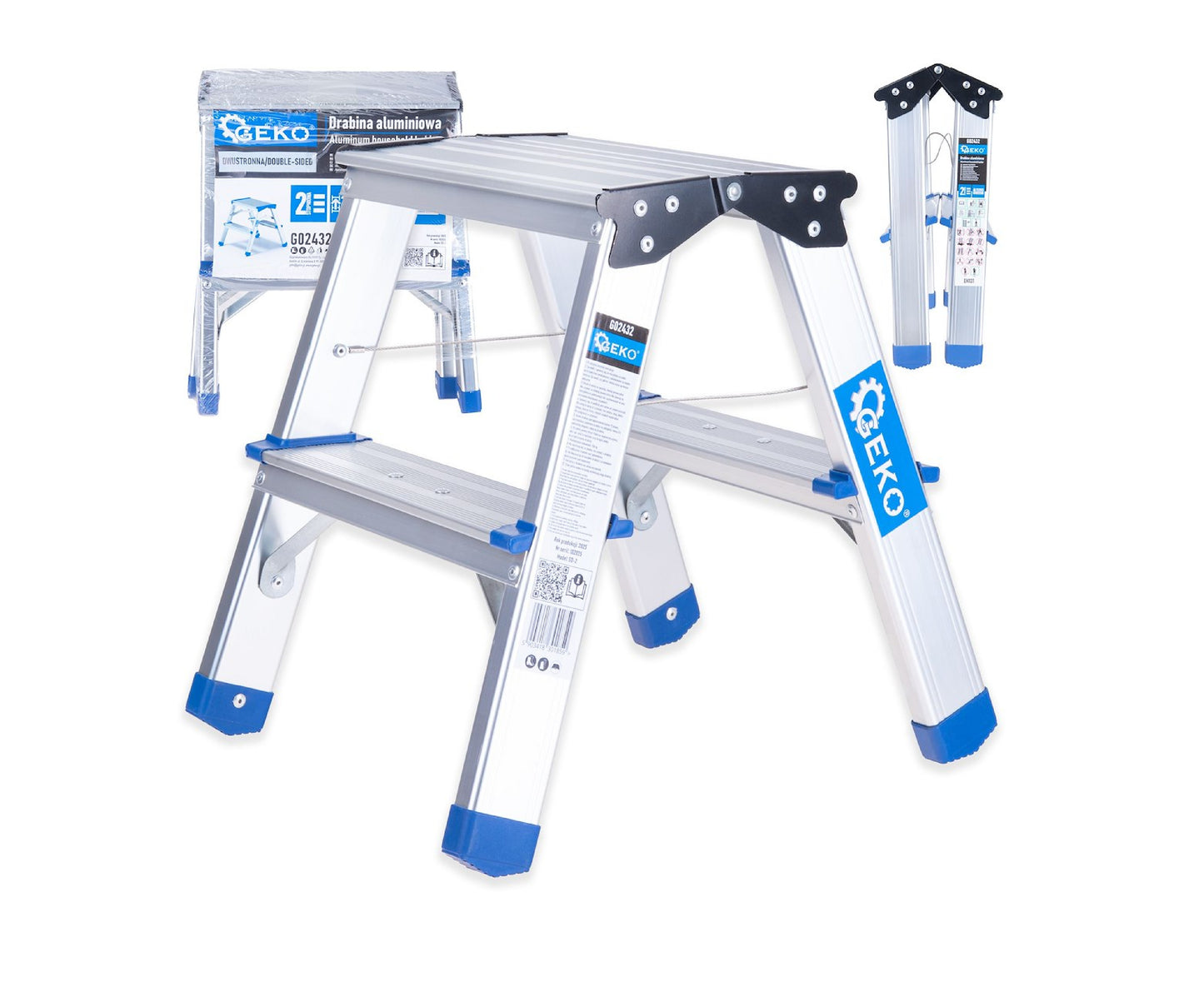 Scara dubla din aluminiu cu 2 trepte, capacitate maxima 150 kg, Geko G02432