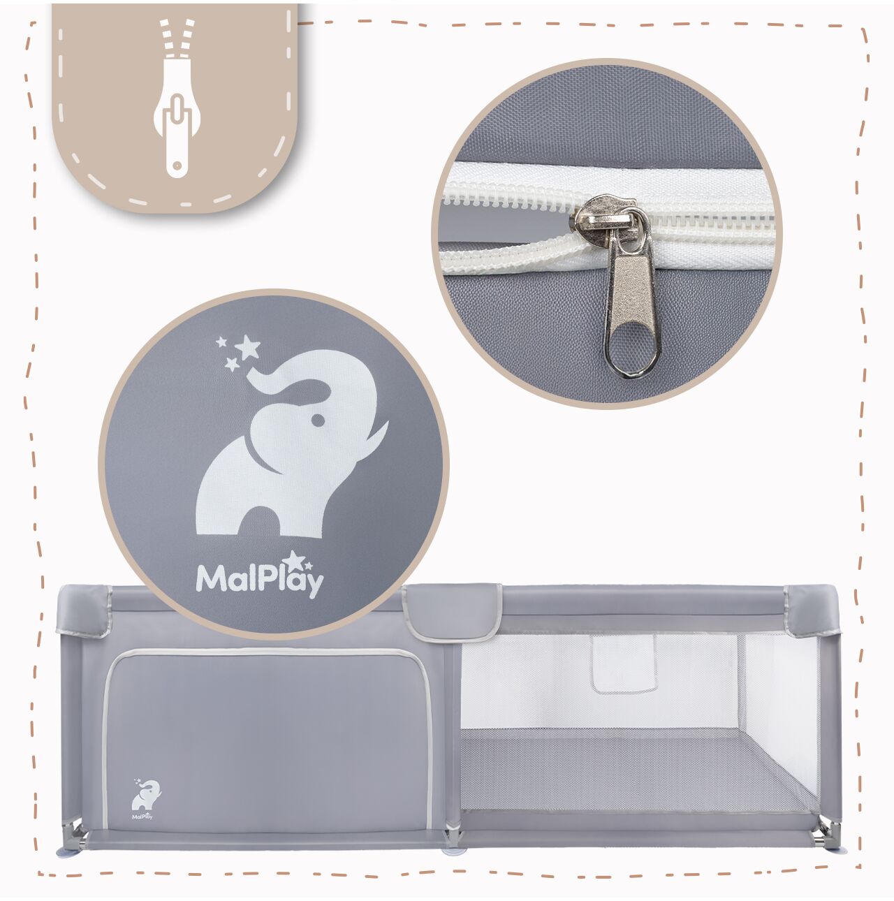 Tarc de joaca pliabil pentru copii, 120 x 180 cm, gri, MalPlay 113161