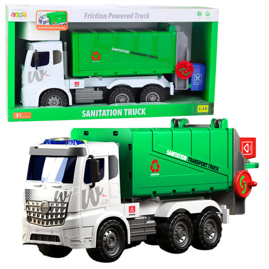 Camion de gunoi cu functie de ridicare, 2 lumini pentru pubele, efecte sonore, verde, Lean 23121