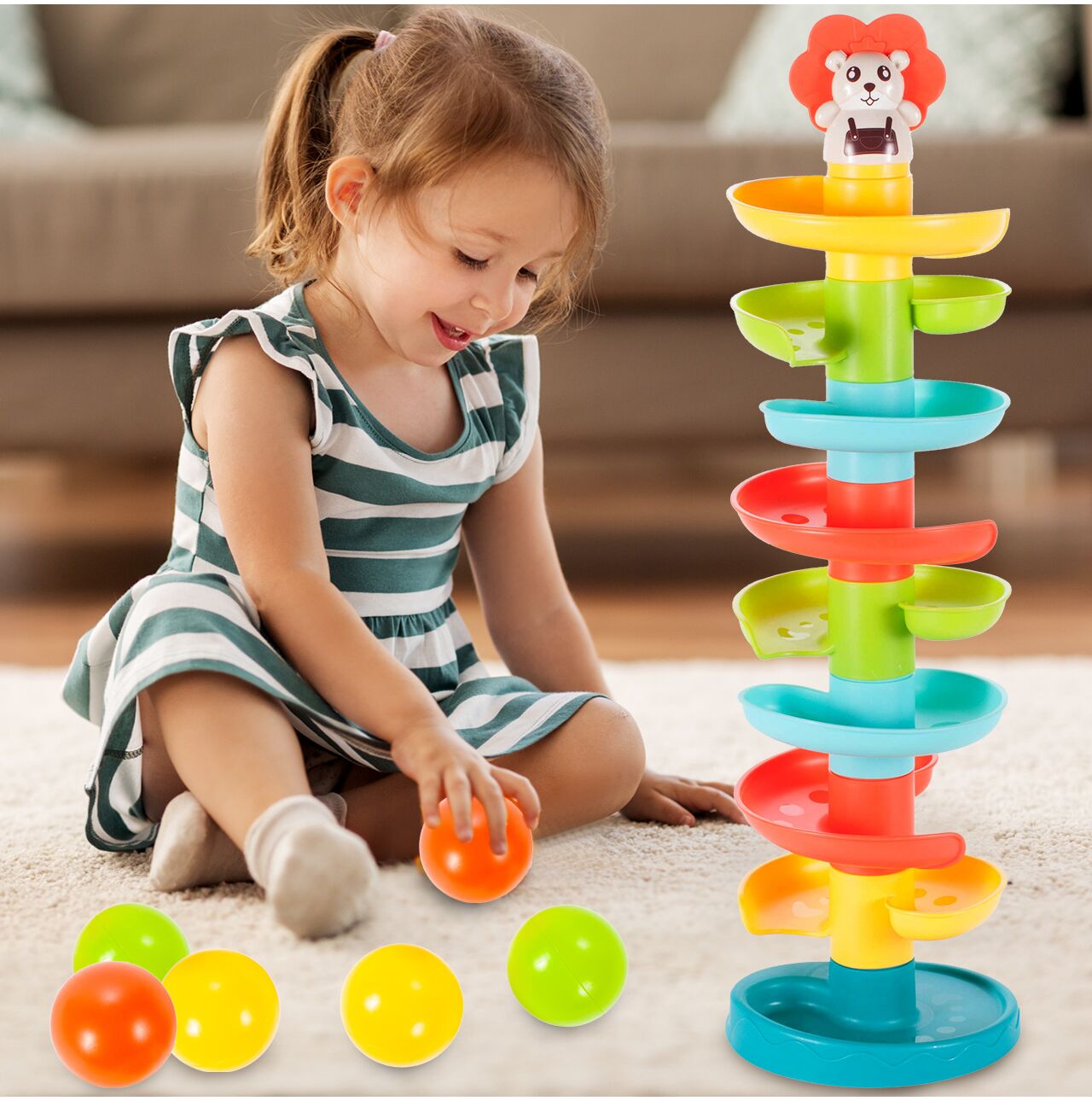 Jucarie pentru copii tobogan spiralat multicolor, inaltime 60 cm, 6 bilute, MalPlay 108092