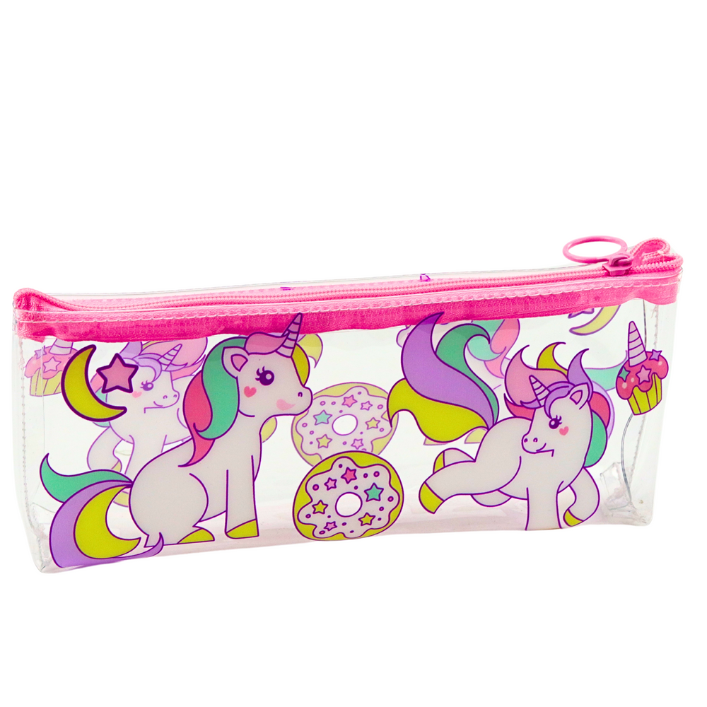 Penar scolar transparent cu gogosi si unicorni, 20 x 8.5 x 4 cm, Lean 21998